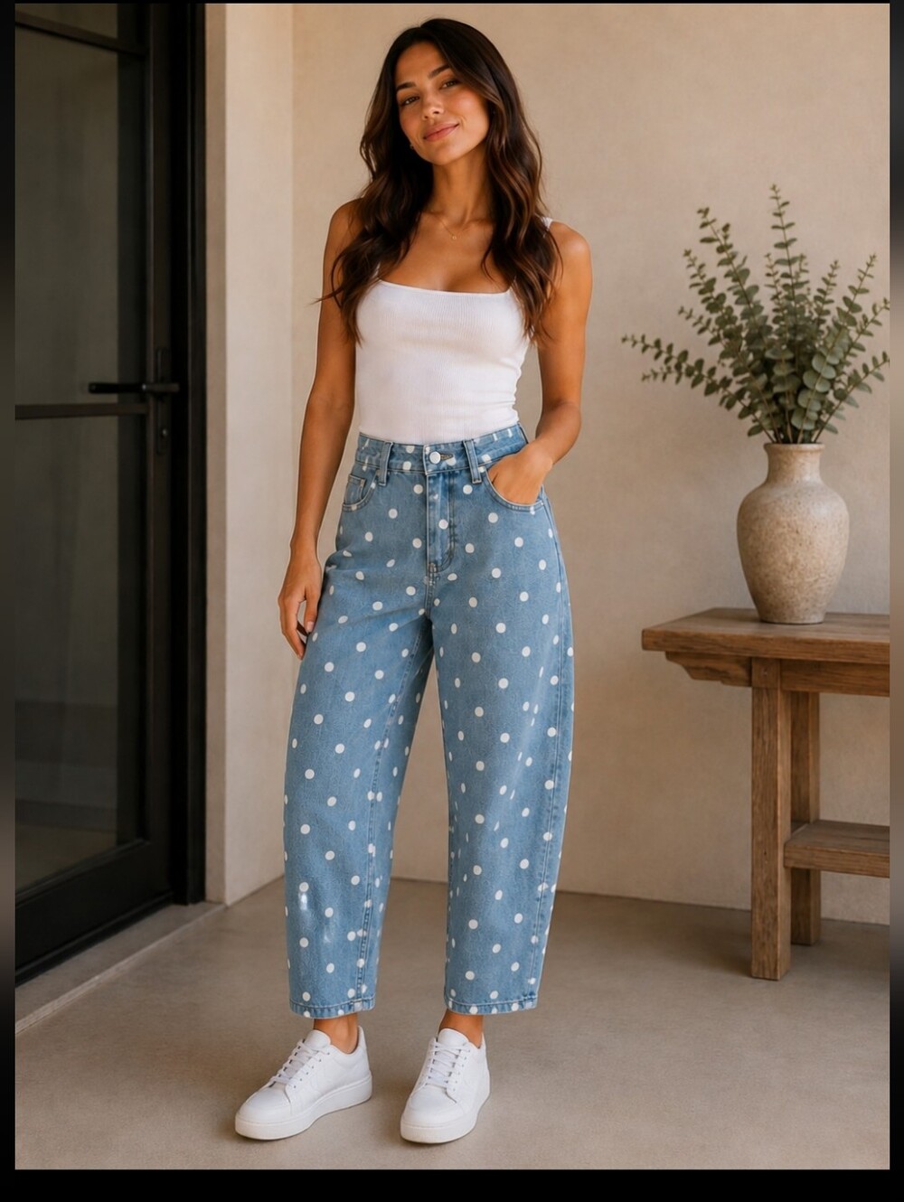 $98 Charlow Barrel Jeans white Polka Dot High-Rise Relaxed Jeans - Blue